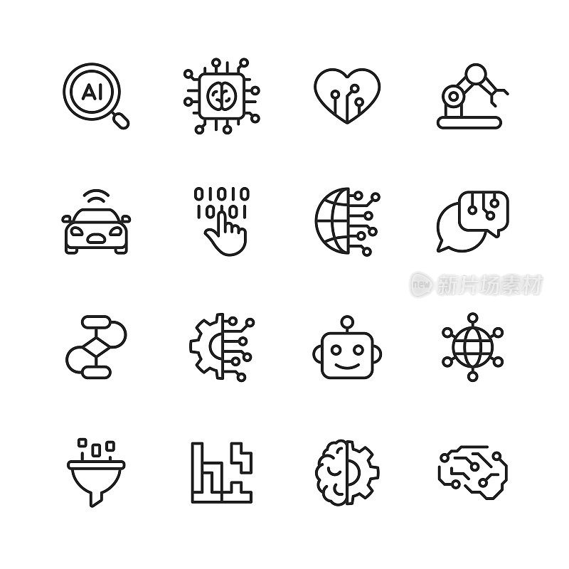 Artificial Intelligence Line Icons. Editable Stroke. Pixel Perfect. For Mobile and Web. Contains such icons as Artificial Intelligence, Machine Learning, Internet of Things, Big Data, Network Technology, Robot, Finance Cloud Computing.